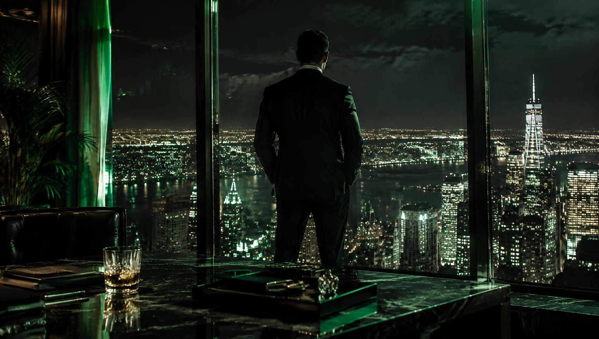 A man in a suit overlooking the night skyline from his penthouse office