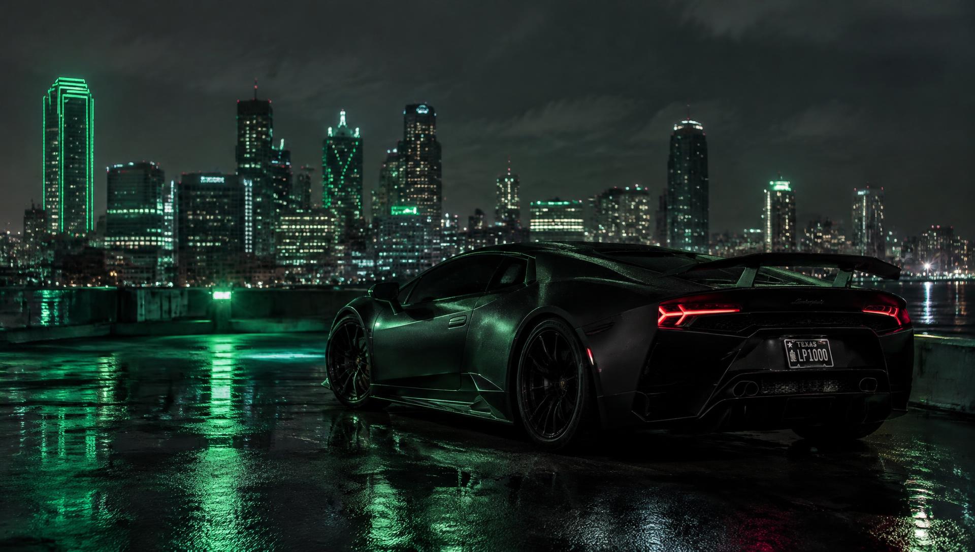 A matte black supercar on a rain-slicked rooftop above the city at night